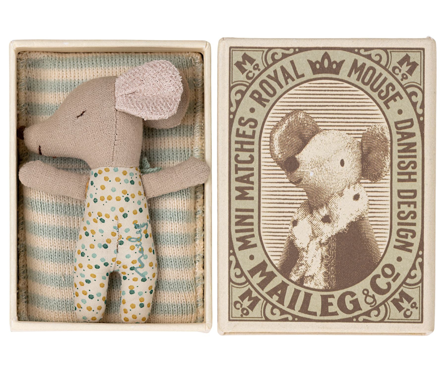 Maileg Sleepy/wakey baby mouse in matchbox - Blue