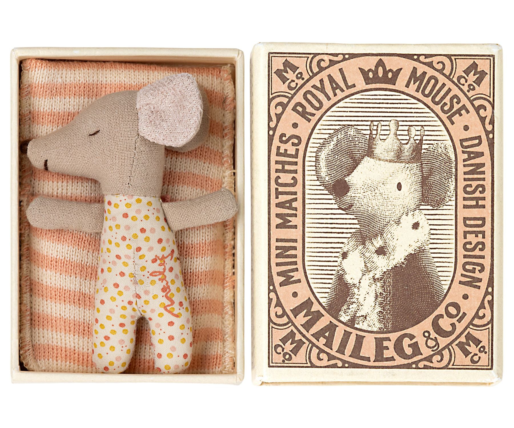 Maileg Sleepy/wakey baby mouse in matchbox - Rose