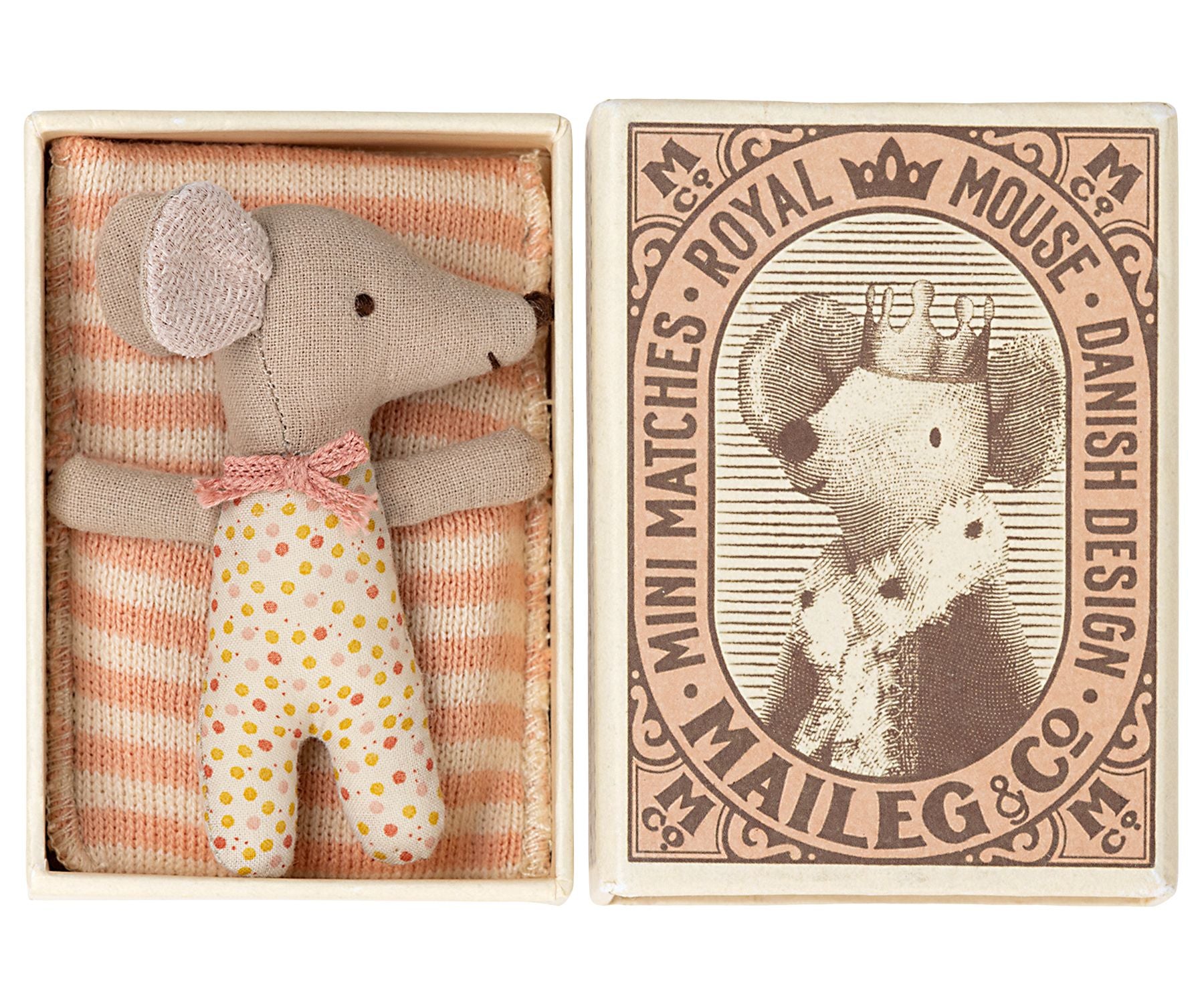 Maileg Sleepy/wakey baby mouse in matchbox - Rose